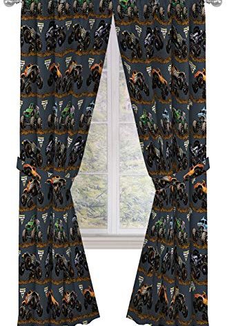 Jay Franco Kids Window Drapes - 4 Piece Curtain Set Includes 2 Tiebacks, Beautiful Bedding Room Décor and Easy Set Up, Black - Monster Jam, 84 Inch