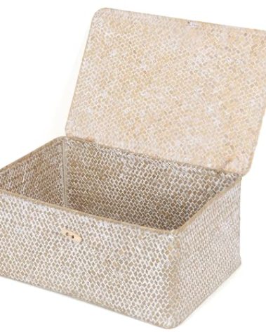 FEIALNDUO Wicker Shelf Baskets with Lid,Seagrass Storage Basket Bins Rectangular Handwoven Basket Boxes for Shelves Desktop Home Organizer (Whitewash, Large)