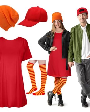 Skicuff 4 Pcs Funny Halloween Couple Costume Accessories Include Red Loose Flowy Dress Striped Tights Orange Knit Beanie Plain Red Baseball Hat for Halloween Couple 90s Cosplay