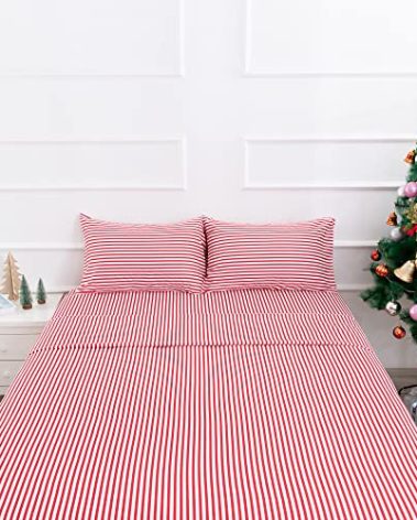 Best Season Ticking Stripe Sheet Set,4 Piece Queen Size Microfiber Bedding,Burgundy Red and White Pinstripe Patterned,Deep Pocket