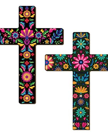 Pinkunn 2 Pcs Mexican Cross Wall Decor Floral Day of The Dead Decoration Hand Painted Wood Wall Art Día De Los Muertos Altar Decorations Spanish Cross Decor for Home (Floral)