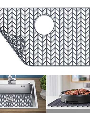 GUUKIN Sink Protectors for Kitchen Sink, 26''x 14'' Silicone Kitchen Sink Mat Grid for Bottom of Farmhouse Stainless Steel Porcelain Sink with Rear Drain (Grey)