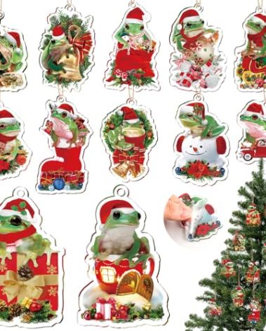 Soaoo 48 Pieces Acrylic Frog Christmas Ornament for Christmas Tree Frog Hanging Decorative Christmas Tree Ornaments for Xmas Tree Outdoor Indoor Hanging Party Holiday Decor
