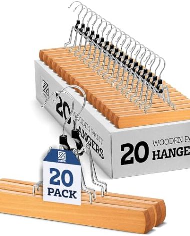 ZOBER High-Grade Wooden Non Slip Skirt Hangers with 360 Swivel Hook (Natural, 20 Pack)