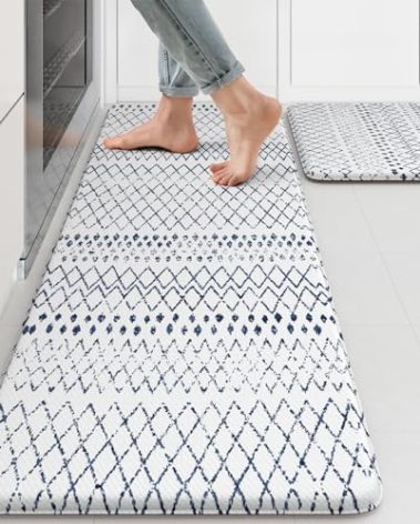 KIMODE Kitchen Mats 2PCS,Cushioned Anti Fatigue Boho Kitchen Rugs and Mats,Non Slip Waterproof Kitchen Mats for Floor,Comfort Foam Standing Desk Mat for Home,Office,Sink,Laundry,Blue and White