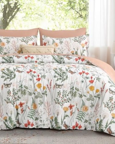 Yiran 7 Piece Floral Comforter Set King Size, White Green Summer Comforter Bedding Set, Botanical Bed in a Bag with Flowers Pattern, Soft Microfiber Complete Bedding Set with Sheets for All Season