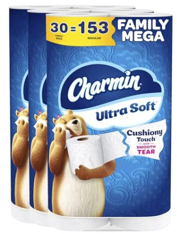 Charmin Ultra Soft Cushiony Touch Toilet Paper, 30 Family Mega Rolls = 153 Regular Rolls (Packaging May Vary)