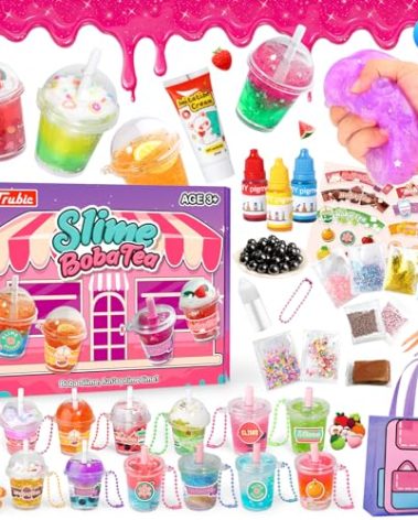 Trubic 46PCS Slime Boba Tea Making Kit for Girls Ages 8-12, DIY Pretend Play Food Toys, Bubble Tea Cups, Bag, Clear Slime, Add-ins, Making Miniature Food, Party Favors for Kids 6 7 9 10 11