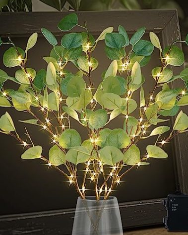 CAMANTU Lighted Artificial Eucalyptus Branches with Timer, Light Up Eucalyptus Branches 33in 99 Led, Battery Powered Vase Lights, Greenery Plant for Home Christmas Party Wedding Decor Indoor Outdoor