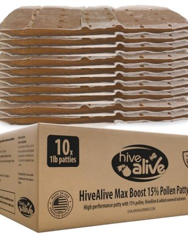 HIVE ALIVE Pollen Patty for Honey Bees – 10lb (10x1lb) Pollen Patties and Bee Food for Spring with 15% Real USA Pollen, Seaweed and Amino Acids to Support Brood and Colony Health