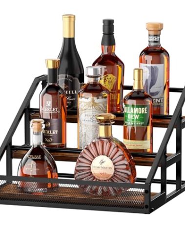 B4Life 3-Tier Liquor Bottle Display Shelf for Whiskey and Spirits - Retro Bar Shelves