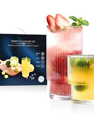 ISMASOAN Small Ribbed Glassware Set of 12, Glass Cups 12 oz and 7 oz, Fluted Glassware, Stackable Glasses, Cups for Kitchen, Gift Box Set