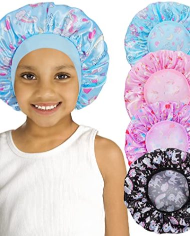 4 PCS Kids Satin Bonnet Child Sleeping Cap,Soft Silk Bonnet Elastic Wide Band,Breathable Baby Bonnets Night Sleep Caps,Colorful Night Hats for Girls Toddler Teens Natural Hair (Unicorn)
