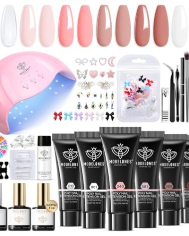 Modelones Poly Extension Gel Nail Kit, 6 Colors Pink Nude with 48W U V/LED Lamp Slip Solution 3D Bow Pearl Charms Decoration Rhinestone Glitter Tools for Manicure Beginner Starter Kit DIY at Home