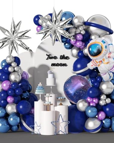 Amandir139pcs Space Balloon Garland Arch Kit Outer Space Birthday Decorations with Blue Purple Silver Galaxy Astronaut Foil Balloons for Boys Kids Themed Birthday Party Decoration Supplies