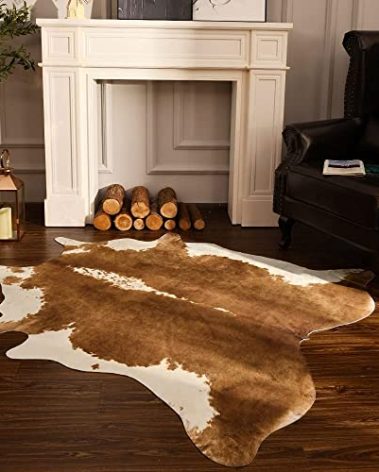 BENRON Premium Faux Cowhide Rug, Cow Print, Rustic Western Rugs for Living Room Bedroom, Irregular Animal Skin Hides, 4.6 x 5.2ft, Anti-Skid Cool Carpets for Cowboy Cowgirl Home Decor, Khaki Brown