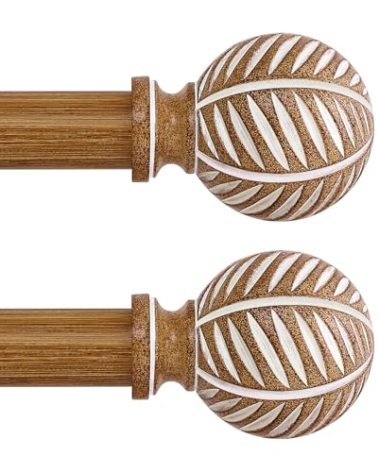 HTZON 2 Pack Wood Curtain Rods 18 to 60 Inch,1 Inch Boho Adjustable Curtain Rod,Imitation Wood Grain Leaf Window Curtains Rods,Farmhouse Rustic Heavy Duty Drapery Poles,Brown Drapery Rod Set 18-60"