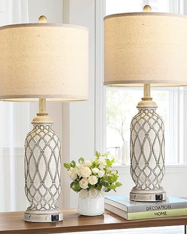 SRJJRS Farmhouse Table Lamps for Bedroom Set of 2, 28" Rustic Bedside Lamp with USB Ports, 3-Way Dimmable Nightstand Table Lamp for Living Room with Linen Drum Shade (Bulbs Included)