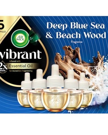 Air Wick Plug In Scented Oil Refills, Blue Sea + Beachwood, Air Fresheners for Home Long Lasting, Room Fresheners,Air Freshener Plug In, Essential Oils, House Essentials for Small + Large Spaces, 5 ct