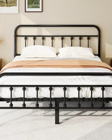 zunatu King Size Metal Platform Bed Frame/Victorian Style Headboard and Footboard/Steel Slat Support/Easy Assembly/No Box Spring Needed/Underbed Storage/Noise Free/Black
