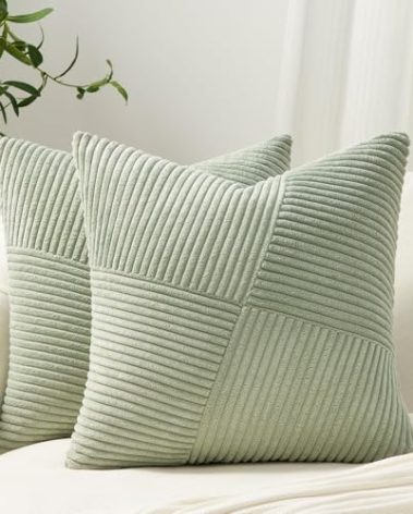 Topfinel Set of 2 Sagegreen Decorative Yellow Throw Pillow Covers 18x18 Inch for Couch Sofa Bed, Farmhouse Boho Rustic Home Decor,Soft Corduroy Windmill Textured Striped Patchwork Cushion Cases