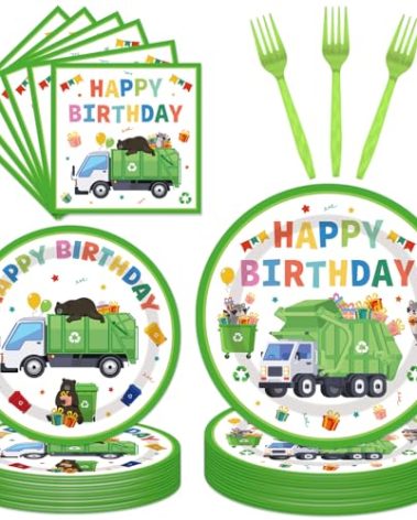 EUOYUFO 96PCS Garbage Trash Truck Plates and Napkins Party Supplies Trash Truck Birthday Party Decorations Waste Management Recycling Rubbish Truck Themed Disposable Tableware Set Serve 24 Guests