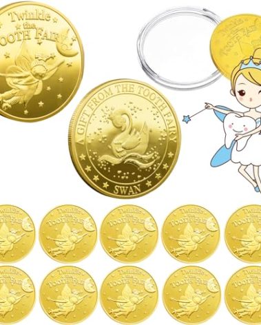Tooth Fairy Coins, WINDSIUUU 10PCS Lost Teeth Reward Commemorative Coin Dental Tooth Fairy Golden Plated Metal Coin Kids Teeth Change Souvenir Christmas Dentistry Dentist Gifts for Lost Tooth Kids