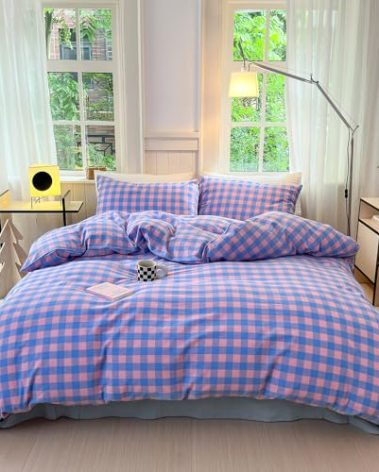 FACE TWO FACE Bedding Duvet Cover Set100% Washed Cotton Duvet Cover Linen Like Textured Breathable Durable Soft Comfy (Twin, Blue Purple Grid)