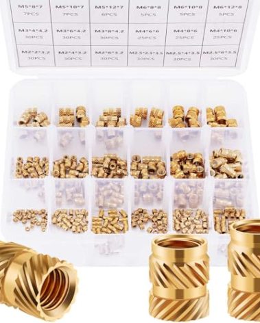 380Pcs Metric Threaded Inserts M2 M2.5 M3 M4 M5 M6 Knurled Brass Female Thread Nuts Inserts Assortment Kit for Plastic and 3D Printing Components.