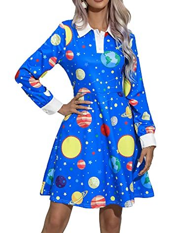 Laqeyko Women Costume Peter Pan Collar School Costume Science Teacher Dress Galaxy Space Planet Halloween Dress Blue LA246-1-XL