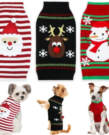 3 Pack Dog Christmas Sweater, GOYOSWA Dog Christmas Outfit Holiday Sweater Santa Reindeer Snowman Knitted Sweaters for Small Medium Large Dogs Pets (Medium)
