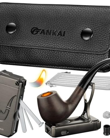 Pipe Set, Pipe Lighter, Pipe Pouch, Wood Pipe with 2 Filter Balls,2 Pipe Bits,5 Pipe Cleaners, Refillable Butane Lighter with Stand, 3 in 1 Cleaning Tools, Pipe Bag for 2 Pipes, Pipe Gift Set (Black)