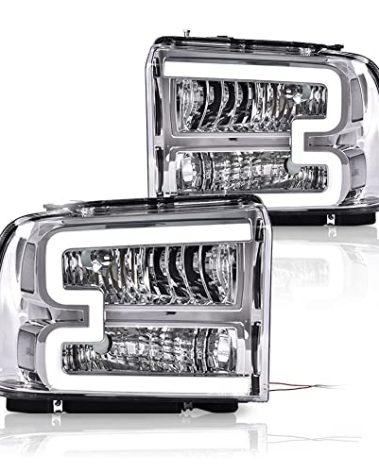 CNNELL LED Headlight Assembly with LED DRL Bar Headlamp Compatible with 2005 2006 2007 Ford F250 F350 F450 F550 SuperDuty(Clear lens Chrome Housing Clear Reflector)