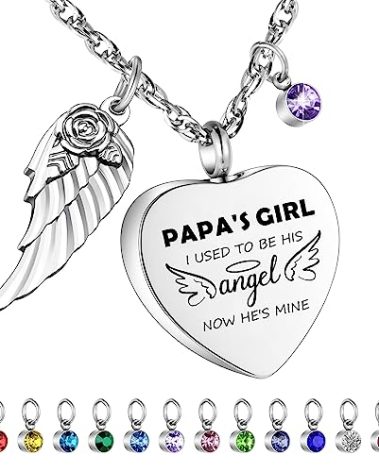 Dletay Heart Urn Necklace for Ashes Cremation Jewelry with 12 Birthstones Cremation Necklace for Papa Ashes-PAPA'S GIRL I USED TO BE HIS angel NOW HE'S MINE
