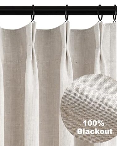 Topfinel Pinch Pleat Full Blackout Curtains & Drapes 84 Inch Length 2 Panels Set, Oatmeal Linen Room Darkening Soundproof Curtains with Hooks Rings for Bedroom Living Room Track System, Beige Ivory