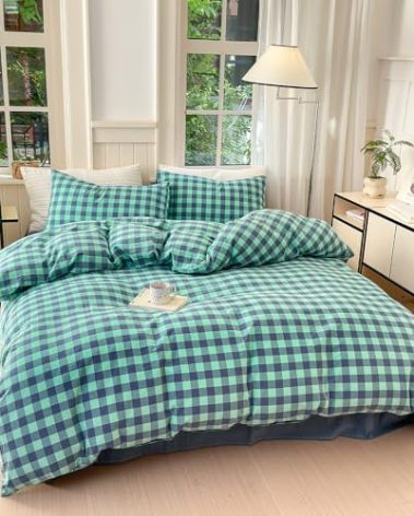 FACE TWO FACE Bedding Duvet Cover Set100% Washed Cotton Duvet Cover Linen Like Textured Breathable Durable Soft Comfy (Twin, Blue Green Grid)