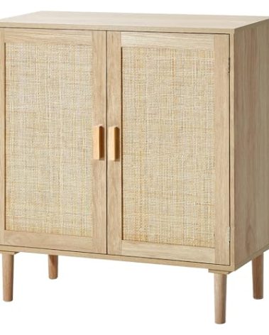 VEVOR Rattan Cabinet, Buffet Cabinet with 2 Magnetic Doors and Adjustable Shelves, Sideboard Buffet for Hallway, Entryway, Living Room, or Kitchen, Natural