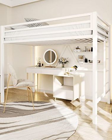 ikalido Metal Loft Bed Twin Size with Safety Guardrail and Ladder, No Box Spring Needed Space Saving Bedroom Furniture,Cream White