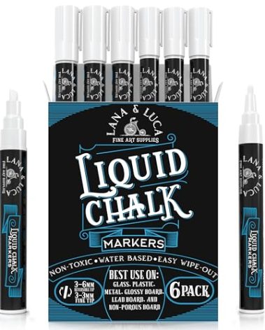Liquid Chalk Marker Pen - White Dry Erase Marker - Chalkboard Signs, Windows, Blackboard, Glass (6 Pack) 3-6mm Reversible Tip, 3-3mm Fine Tip
