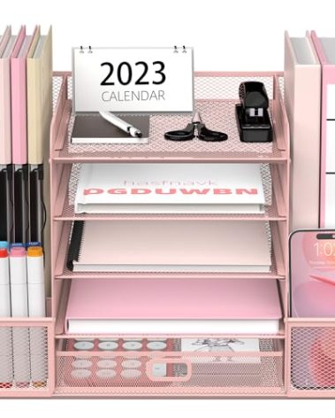 SUPEASY Mesh Desk Organizer with File Holder, 5-Tier Paper Letter Tray Organizer with Magazine Holder, Desktop Organizer and Storage with Drawer for Office Supplies Home or School, Pink