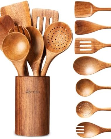 Wooden Spoons for Cooking - 8-Piece Wooden Kitchen Utensil Set made of Natural Solid Wood Material - Includes Spoons, Spatulas, Ladles, Strainer Spoon, Salad Fork, Mixing Spoon and Utensil Holder