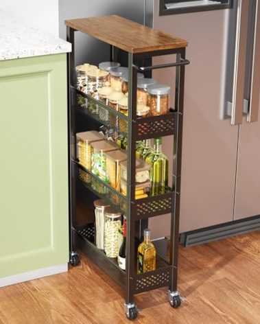 XYZLVSI Slim Storage Cart 4 Tier Narrow Kitchen Rolling Cart on Wheels for Small Space, Mobile Utility Cart Shelving Unit with Wooden Top and Metal Handle for Kitchen, Bathroom, Laundry Room