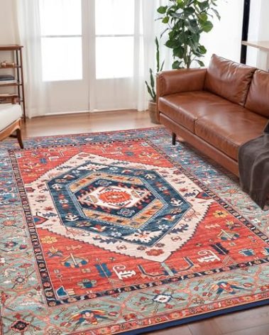 SERISSA Washable Rug 5x7 Boho Area Rugs, Washable Large Rugs for Living Room, Ultra Soft Non-Slip Rust Rug Print Distressed Vintage Farmhouse Carpet for Bedroom Dining Room Dorm Office Home Decor