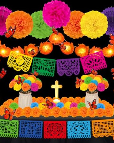 79 Pcs Day of The Dead Decorations Set, 10 Ft 20 LED Marigold Garland, 9 Mexican Banner, 50 Marigold Flowers with Stem, 7 Paper Pom Poms, 12 Butterfly for Dia De Los Muertos Altar Diwali Indian Decor