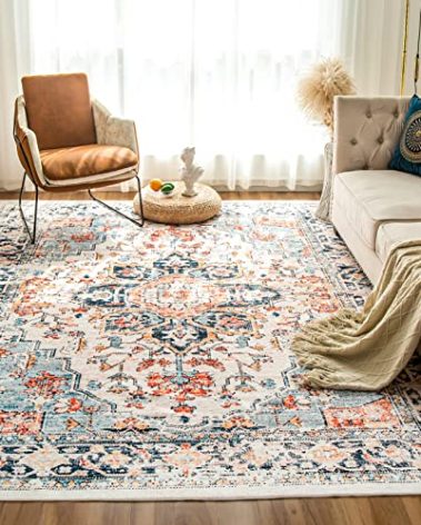 VK VK·LIVING Machine Washable Rug 4'x6' Vintage Design Washable Area Rugs with Non Slip Rugs for Living Room Bedroom Traditional Woven Rug Carpet Stain Resistant,Home Decor Office Boho Rug,Blue&Orange