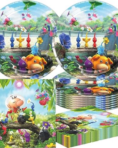 Fuyhiuous 40pcs Pikmin Birthday Party Supplies,Includes 20 Paper Plates - 20 Napkin - Serves 20 Guest for Pikmin Birthday Party Decoration