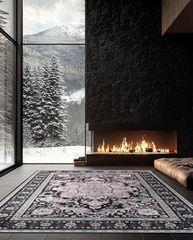Machine Washable Bedroom Rug 6x9 Rugs for Living Room Low-Pile Vintage Rugs, Non-Slip Non-Shed Floral Print Floor Carpet for Dining Room Home Decor(Black/Multi,6x9ft)