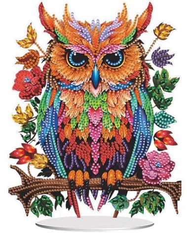 Eiflow Tabletop Diamond Art Painting Kit Owl, 9.6x7.5inch Stand Up Animal Diamonds Painting Kit for Adults, DIY Acrylic Board Kit Diamond Desktop Placement Ornament, Box Package