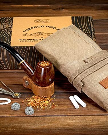 Whitluck's Tobacco Pipe with Waxed Canvas Pipe Roll, Handmade Wood Smoking Pipe with Ultimate Beginner Guide E-Book, Travel Tobacco Pouch - Smoking Gift Set and Accessories