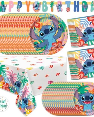 Lilo and Stitch Birthday Party Decorations for 16 | Banner, Tablecloth, Stitch Plates and Napkins, Sticker | Stitch Birthday Decorations | Officially Licensed